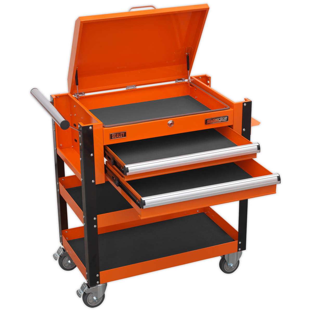 Heavy-Duty Mobile Tool & Parts Trolley 2 Drawers & Lockable Top - Orange