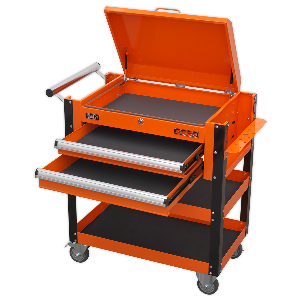 Heavy-Duty Mobile Tool & Parts Trolley 2 Drawers & Lockable Top - Orange