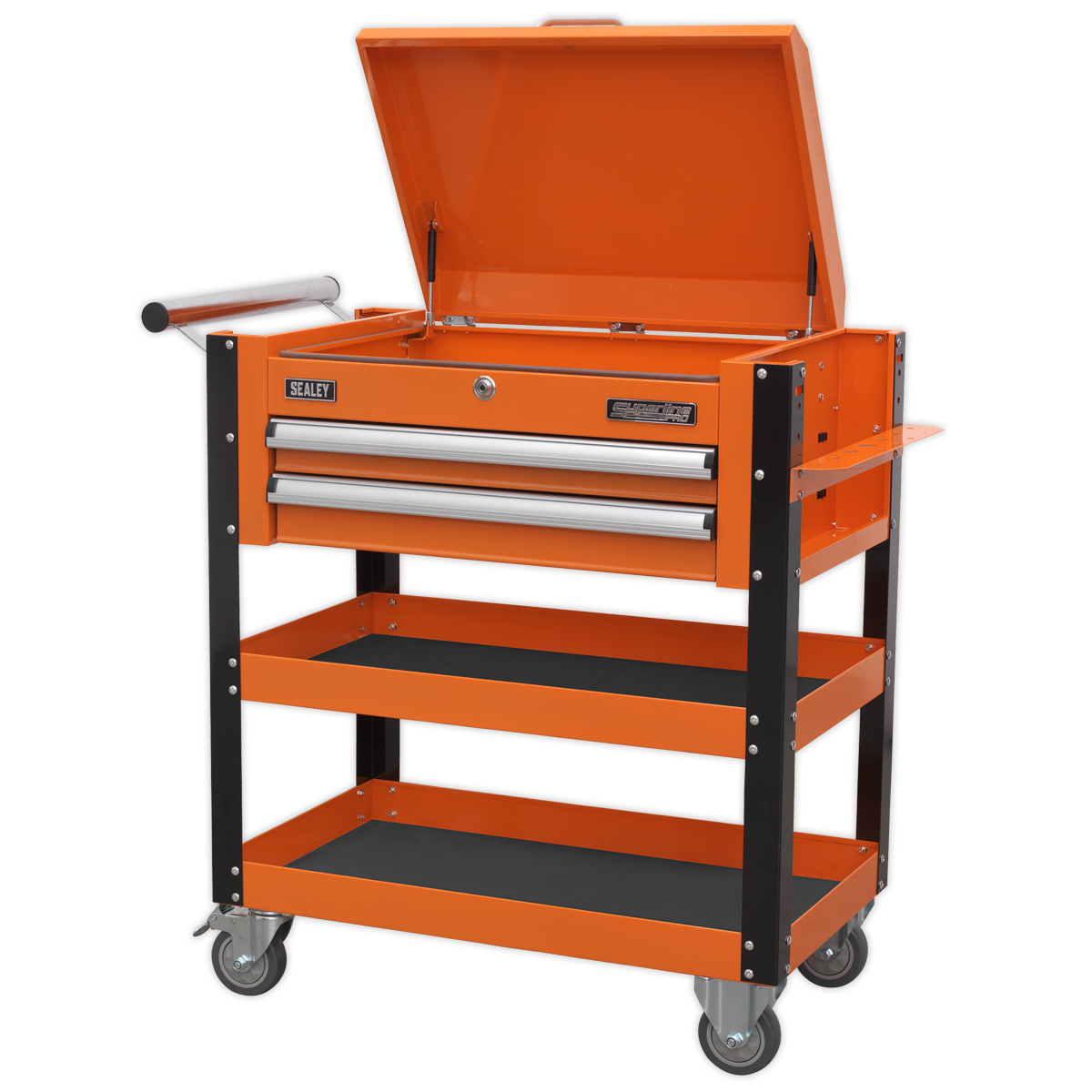 Heavy-Duty Mobile Tool & Parts Trolley 2 Drawers & Lockable Top - Orange