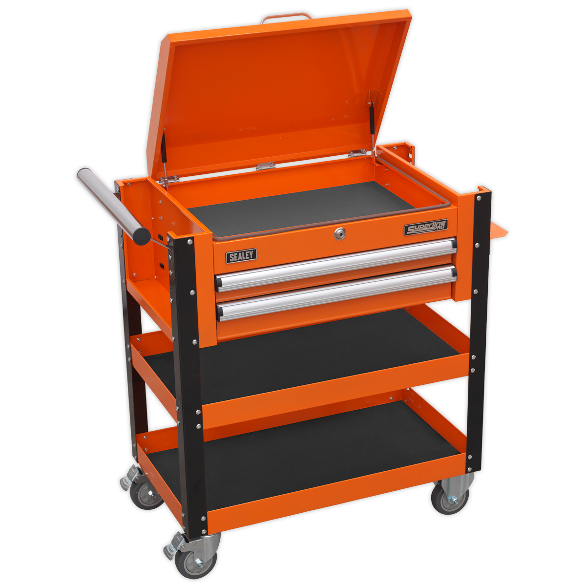 Heavy-Duty Mobile Tool & Parts Trolley 2 Drawers & Lockable Top - Orange