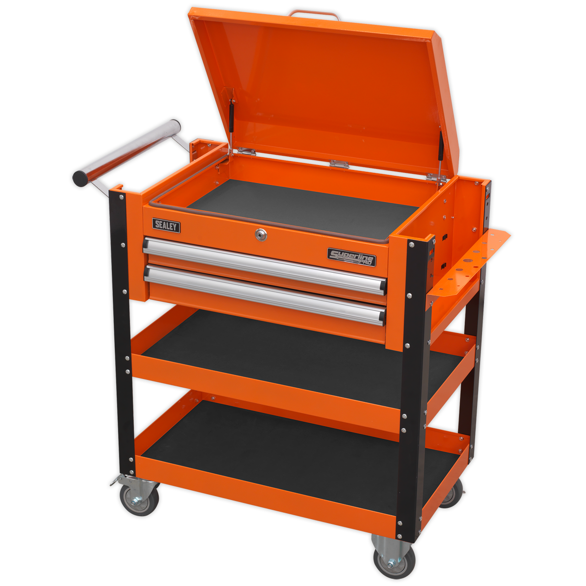 Heavy-Duty Mobile Tool & Parts Trolley 2 Drawers & Lockable Top - Orange