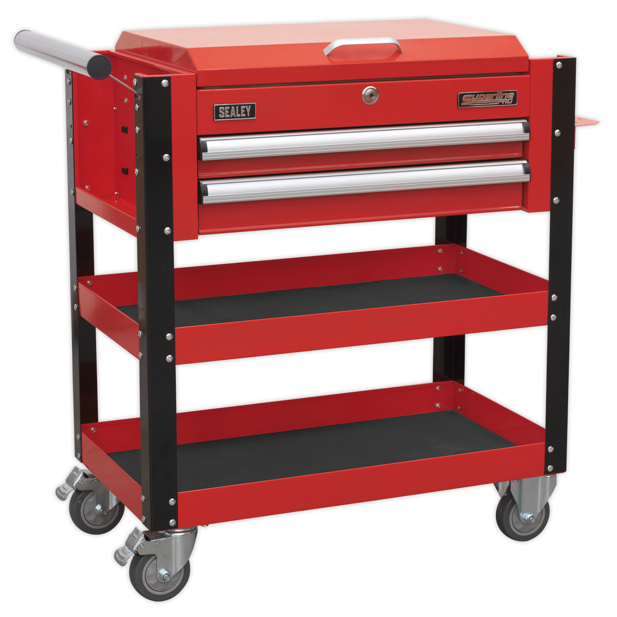 Heavy-Duty Mobile Tool & Parts Trolley 2 Drawers & Lockable Top - Red