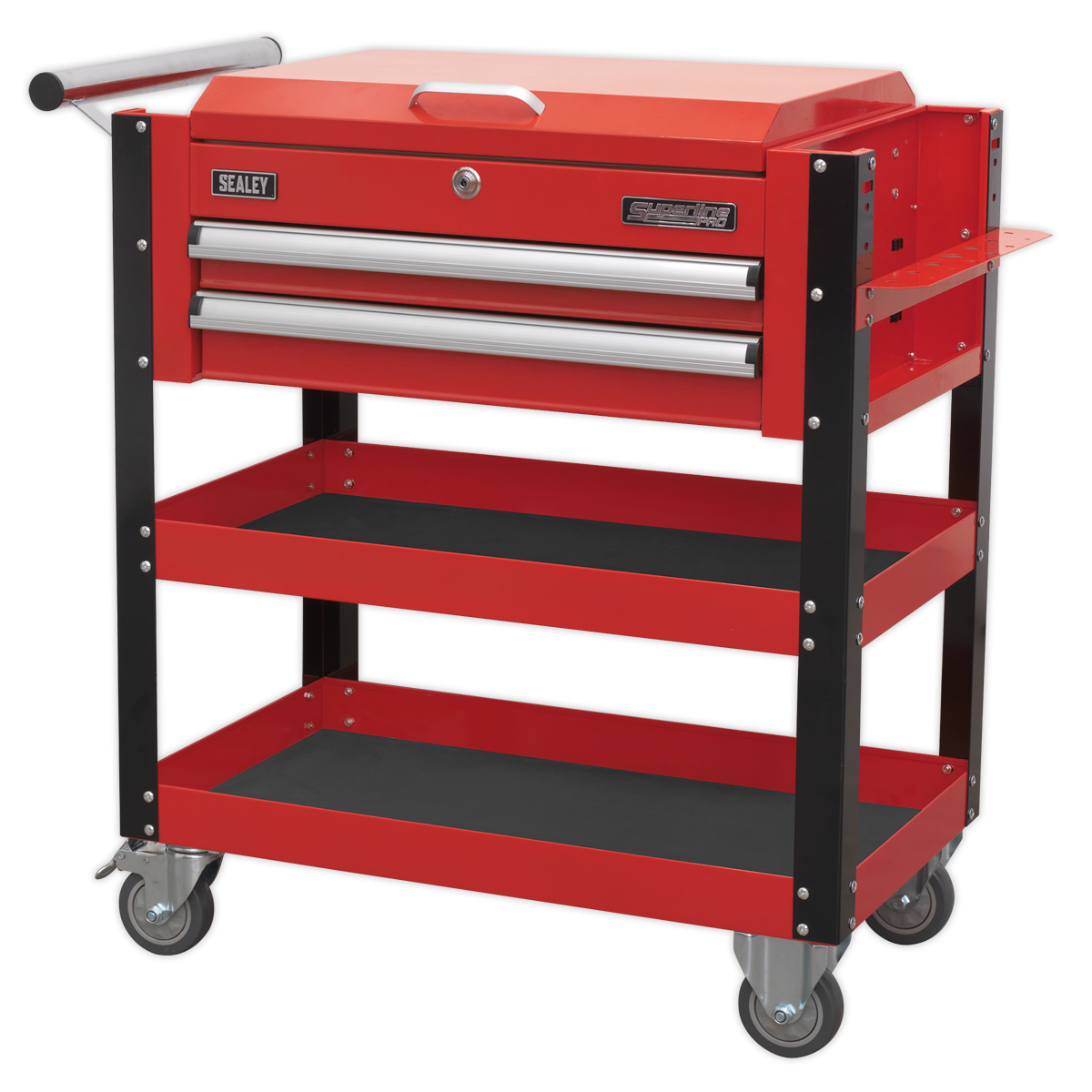 Heavy-Duty Mobile Tool & Parts Trolley 2 Drawers & Lockable Top - Red