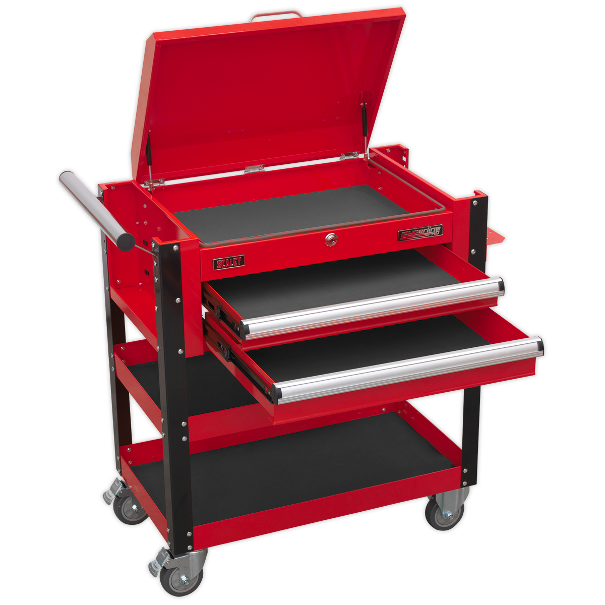 Heavy-Duty Mobile Tool & Parts Trolley 2 Drawers & Lockable Top - Red