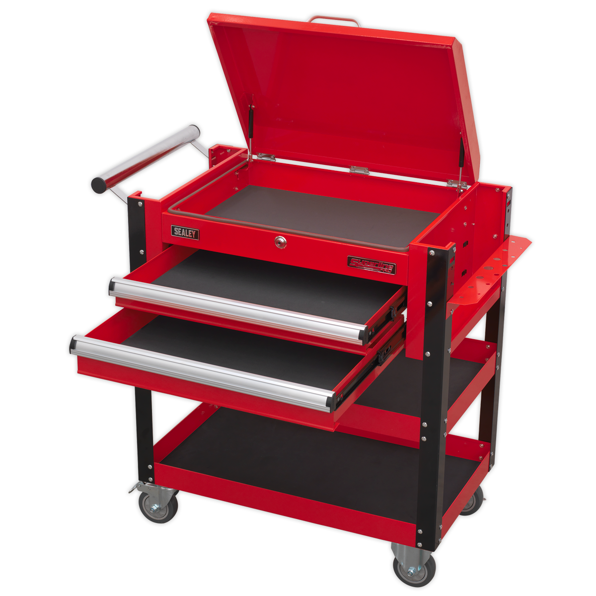 Heavy-Duty Mobile Tool & Parts Trolley 2 Drawers & Lockable Top - Red