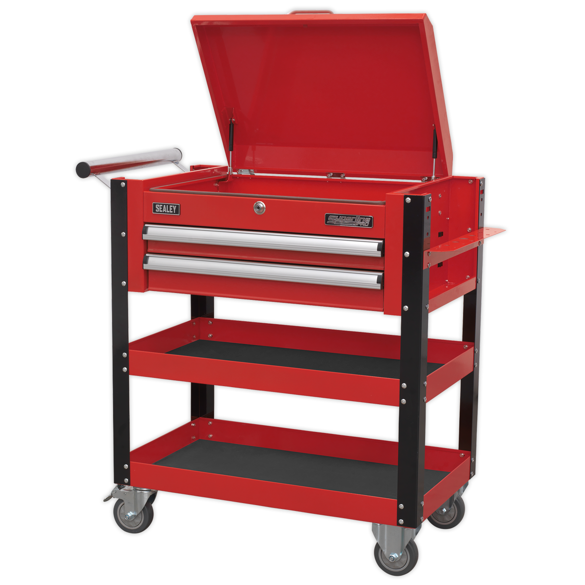 Heavy-Duty Mobile Tool & Parts Trolley 2 Drawers & Lockable Top - Red