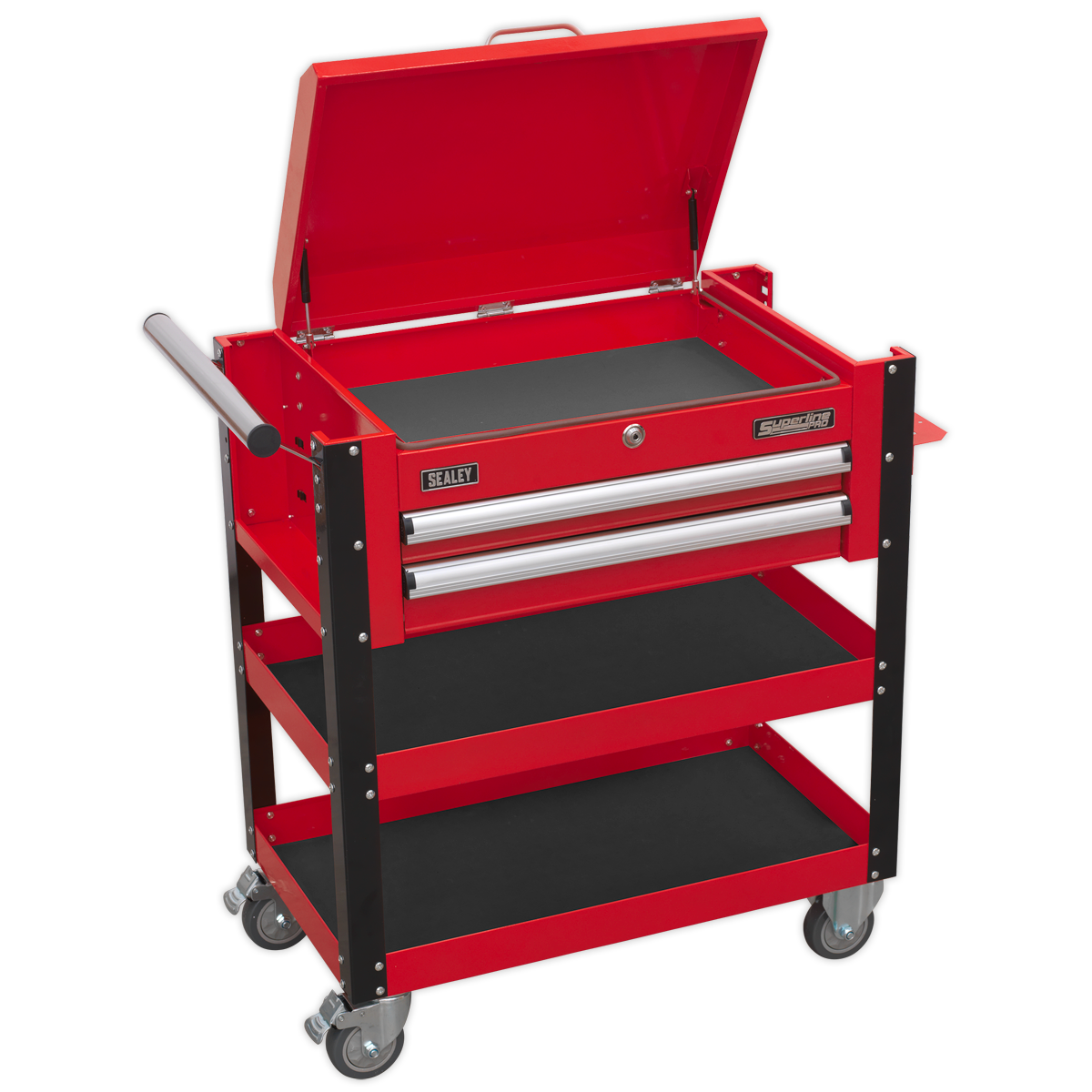 Heavy-Duty Mobile Tool & Parts Trolley 2 Drawers & Lockable Top - Red