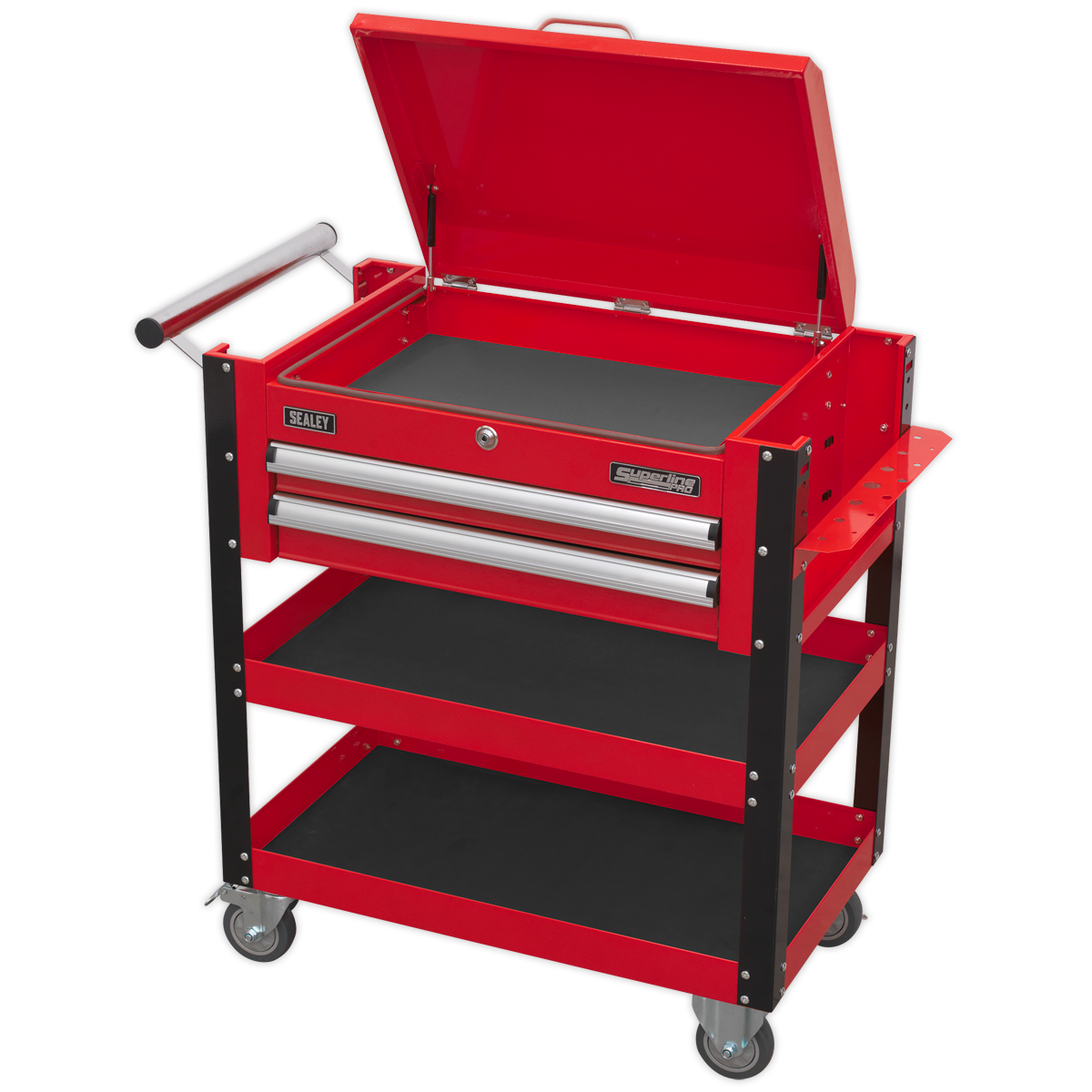 Heavy-Duty Mobile Tool & Parts Trolley 2 Drawers & Lockable Top - Red