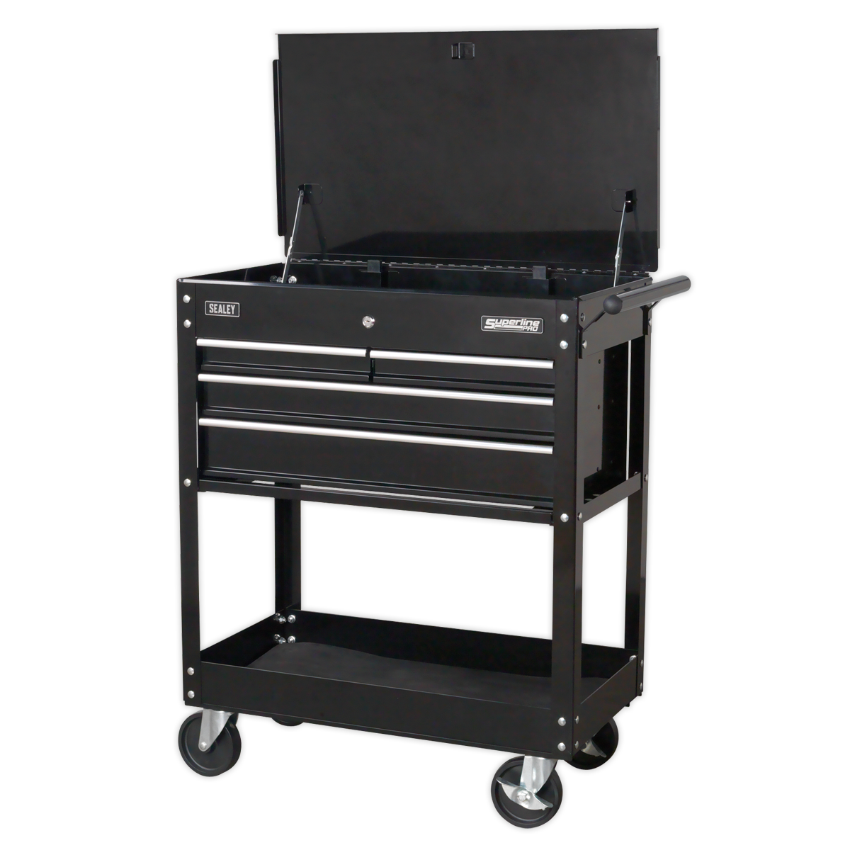 Heavy-Duty Mobile Tool & Parts Trolley with 4 Drawers & Lockable Top - Black