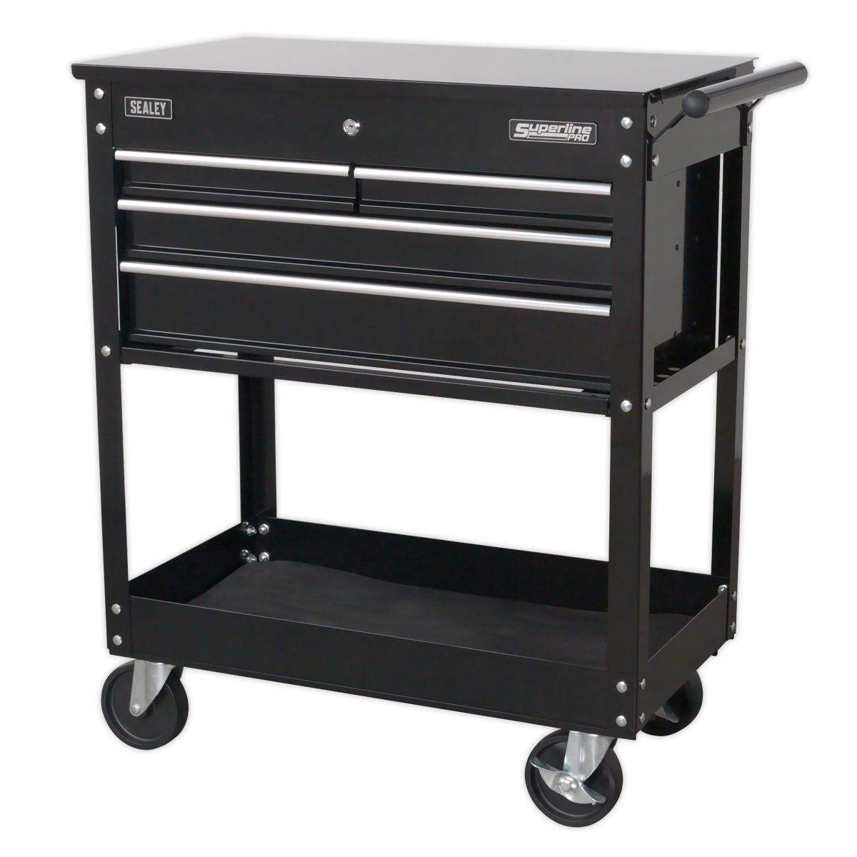 Heavy-Duty Mobile Tool & Parts Trolley with 4 Drawers & Lockable Top - Black