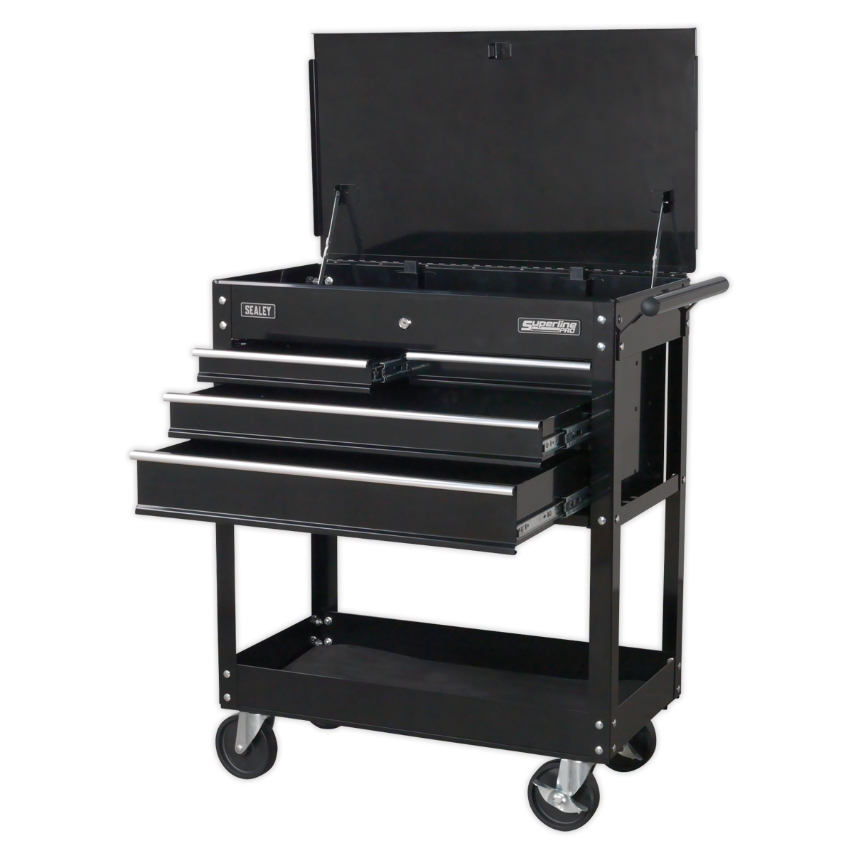 Heavy-Duty Mobile Tool & Parts Trolley with 4 Drawers & Lockable Top - Black