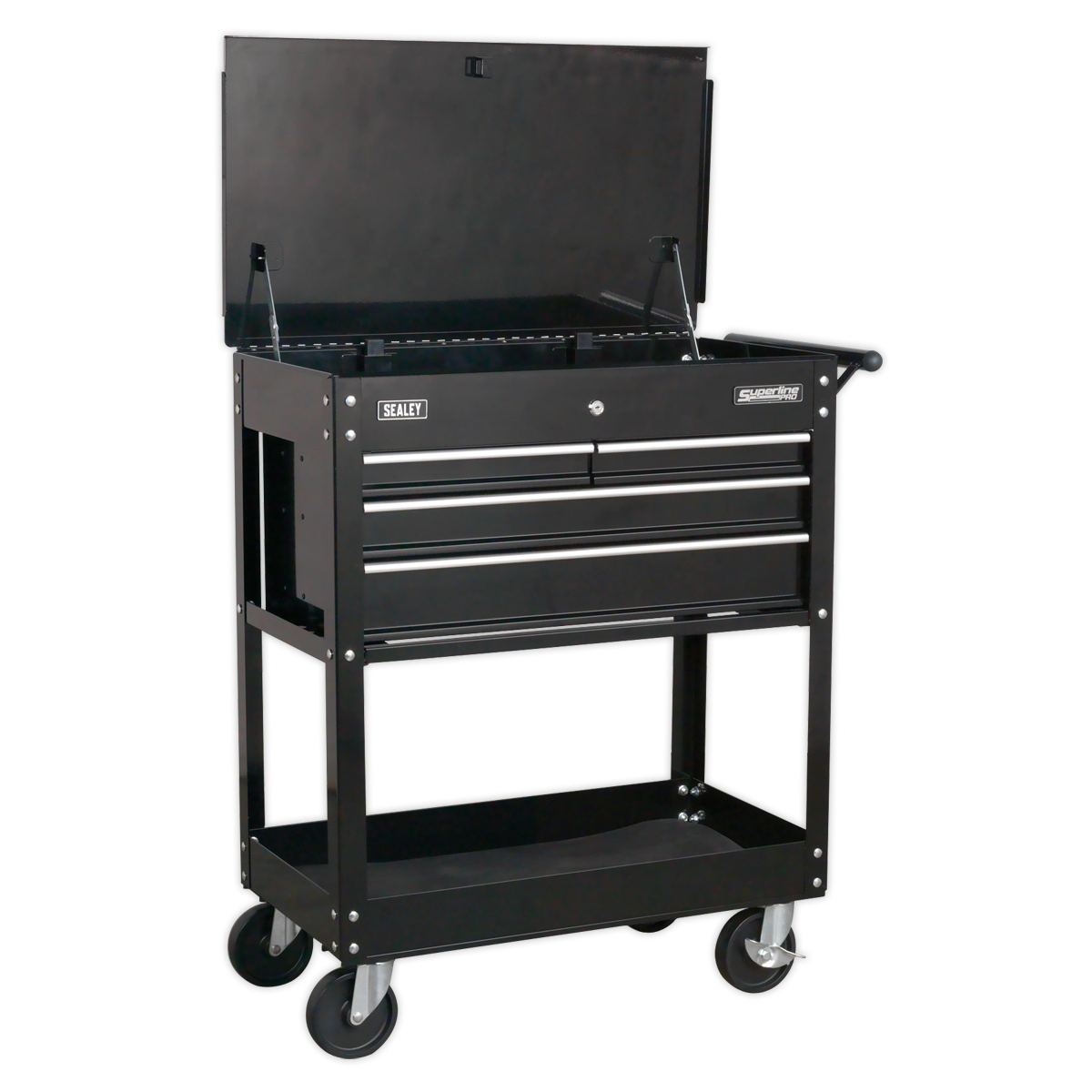 Heavy-Duty Mobile Tool & Parts Trolley with 4 Drawers & Lockable Top - Black