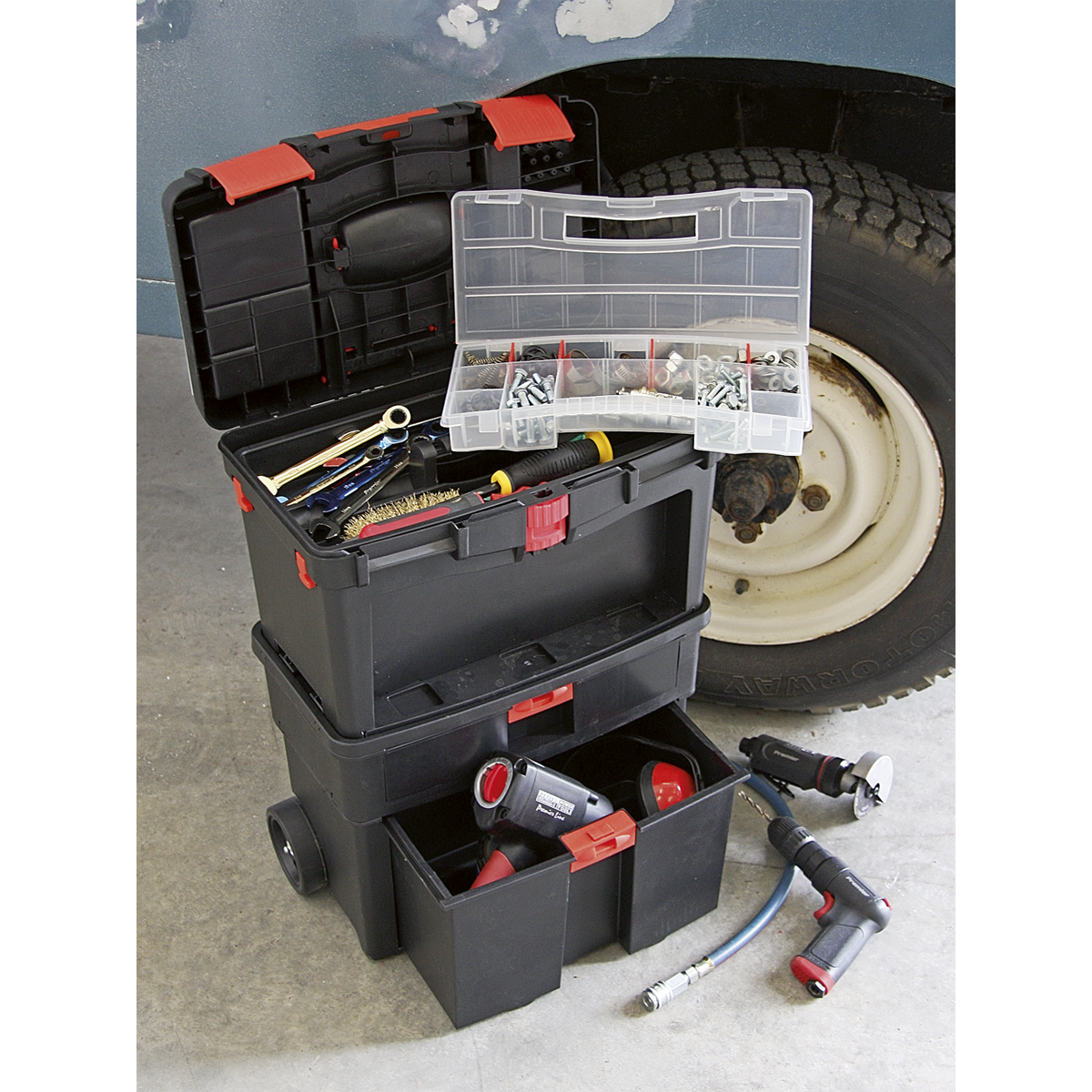 Mobile Toolbox with Tote Tray & Removable Assortment Box