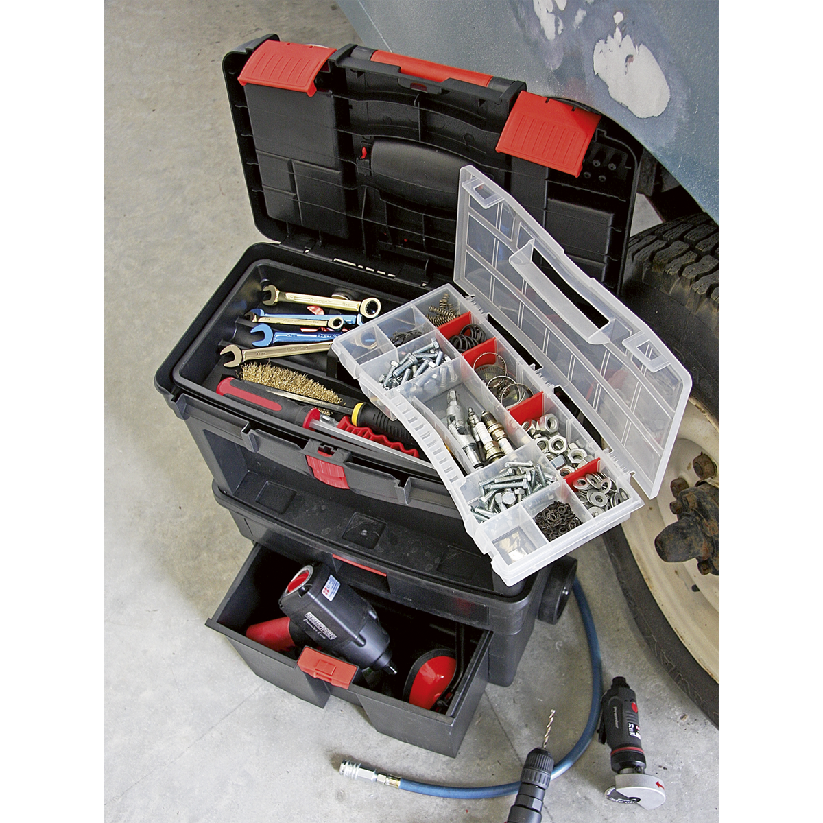 Mobile Toolbox with Tote Tray & Removable Assortment Box