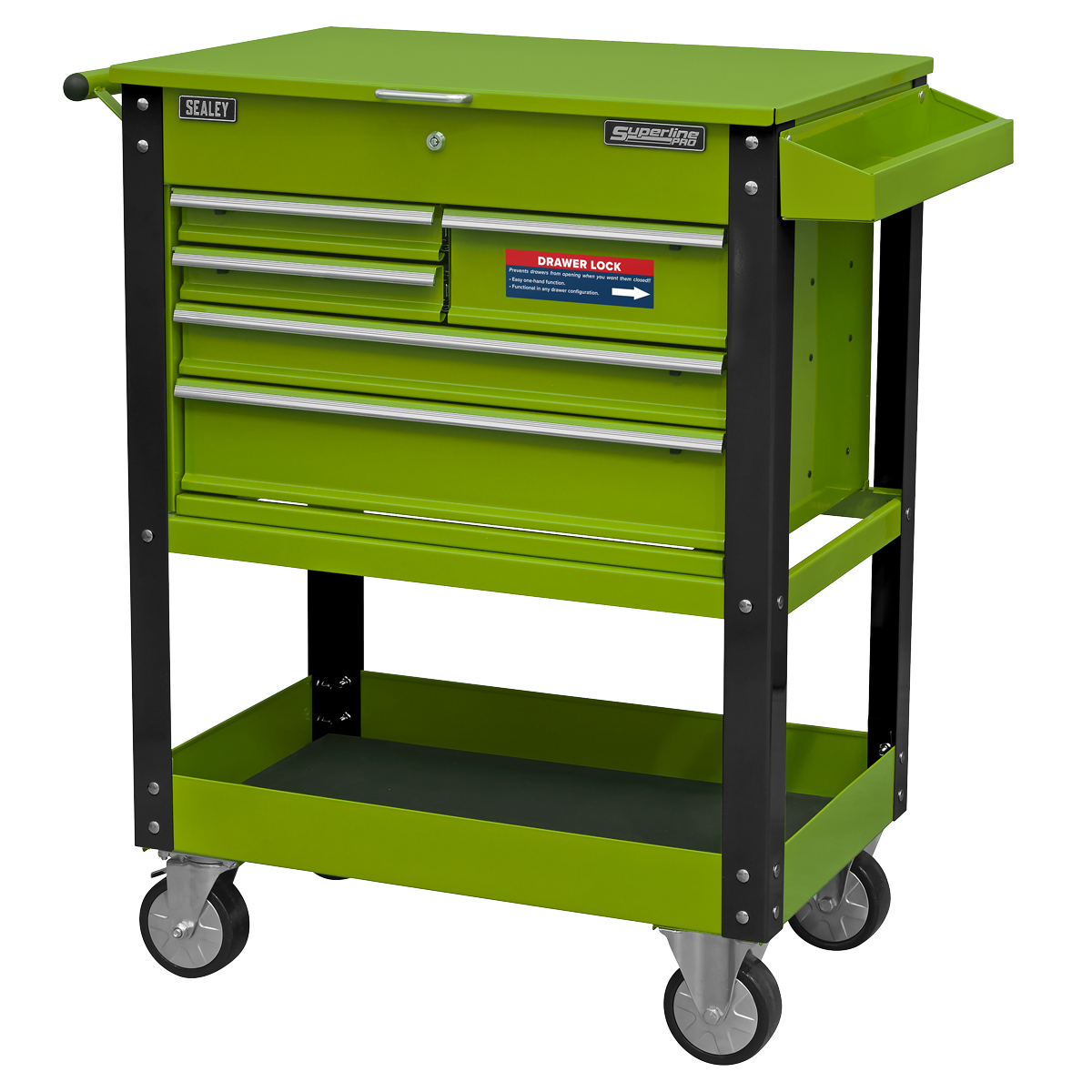 Heavy-Duty Mobile Tool & Parts Trolley with 5 Drawers and Lockable Top- Hi-Vis Green