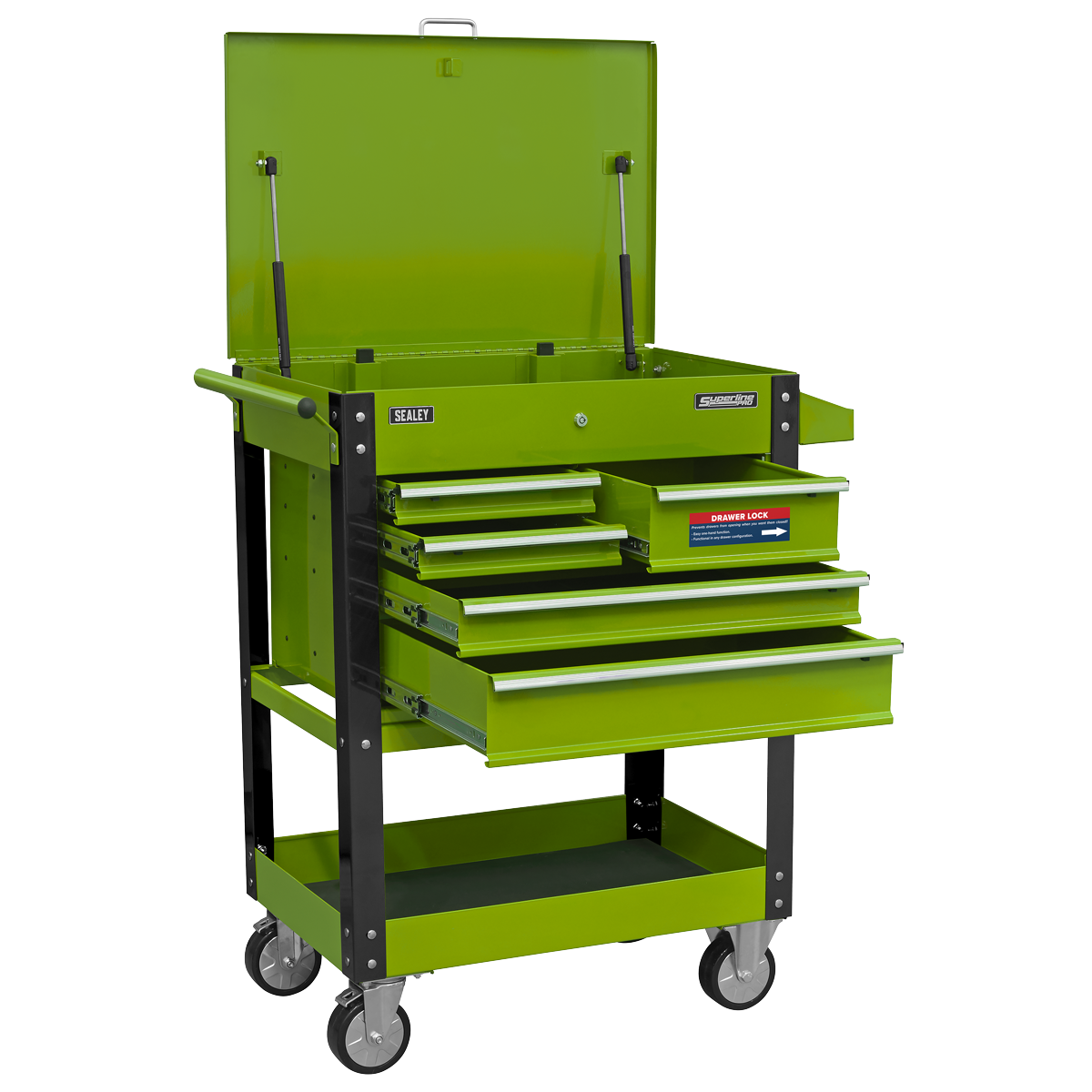 Heavy-Duty Mobile Tool & Parts Trolley with 5 Drawers and Lockable Top- Hi-Vis Green