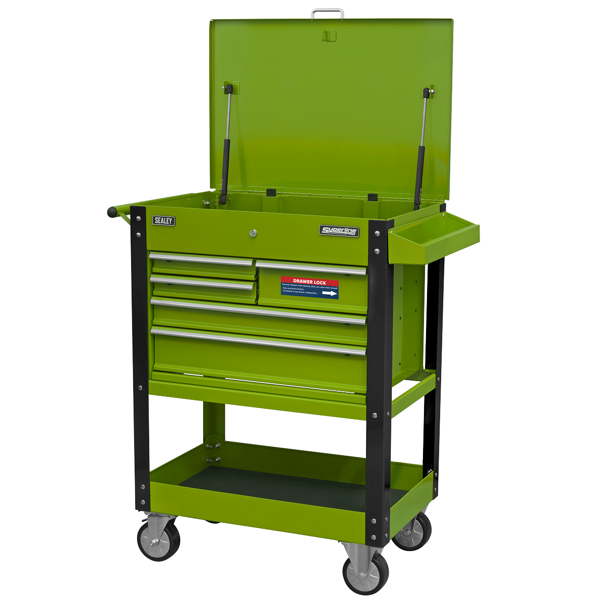 Heavy-Duty Mobile Tool & Parts Trolley with 5 Drawers and Lockable Top- Hi-Vis Green