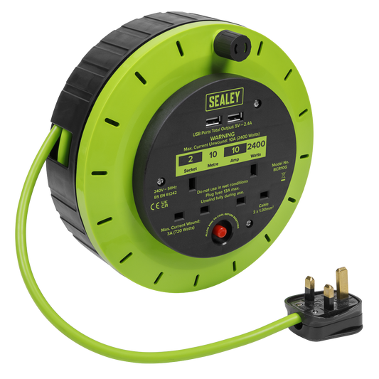 Cassette Type Cable Reel Green with Thermal Trip 2 x 230V and 2 x USB 10m