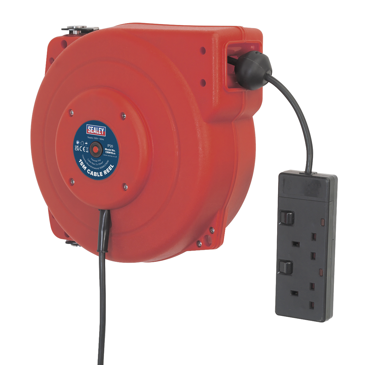 Cable Reel System Retractable 15m 2 x 230V Socket