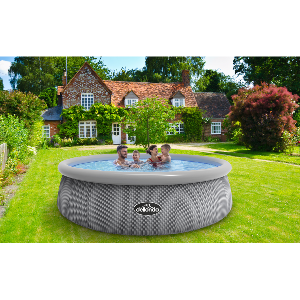 Dellonda 15ft Round Garden Kids Paddling Swimming Pool & Pump Grey Rattan