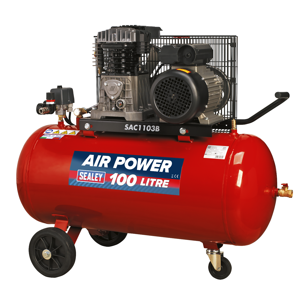 Air Compressor 100L Belt Drive 3hp with Cast Cylinders & Wheels