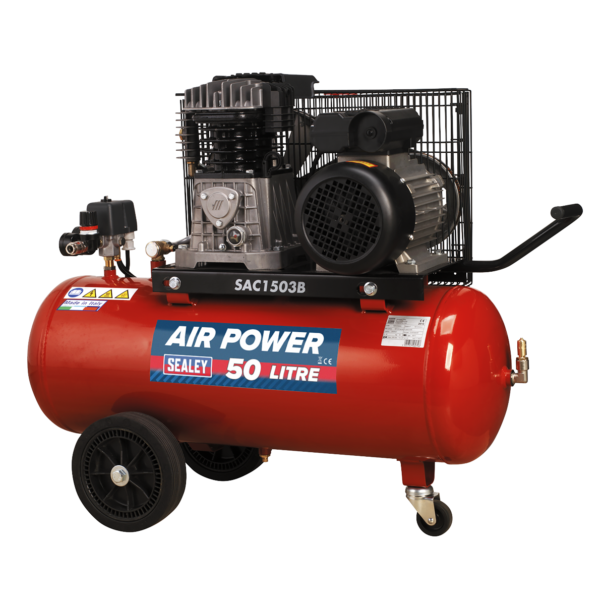 Air Compressor 50L Belt Drive 3hp with Cast Cylinders & Wheels