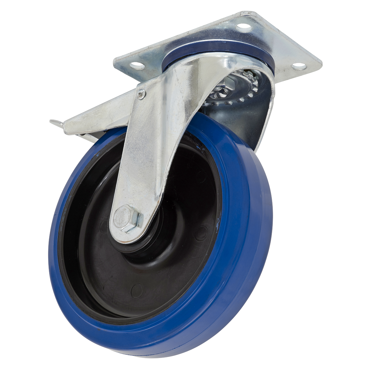 Heavy-Duty Blue Elastic Rubber Swivel Castor Wheel With Total Lock Ø100mm - Trade