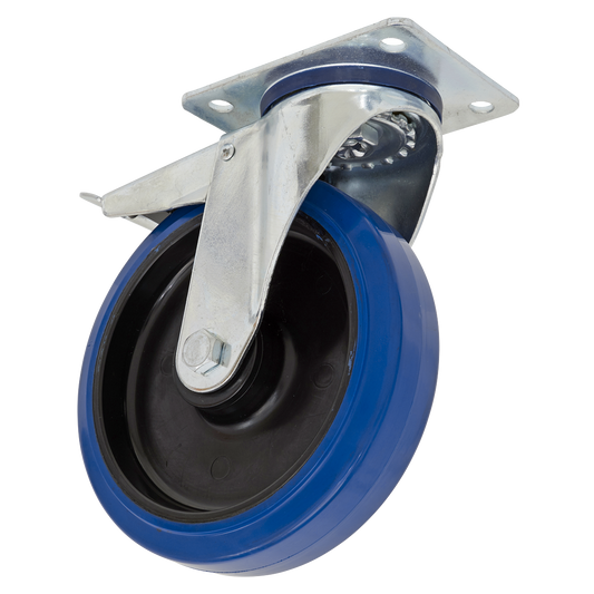 Heavy-Duty Blue Elastic Rubber Swivel Castor Wheel With Total Lock Ø100mm - Trade