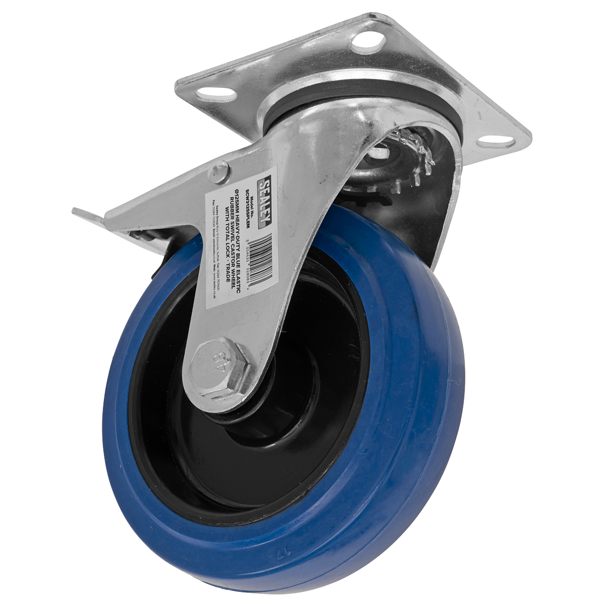 Heavy-Duty Blue Elastic Rubber Swivel Castor Wheel with Total Lock Ø125mm - Trade