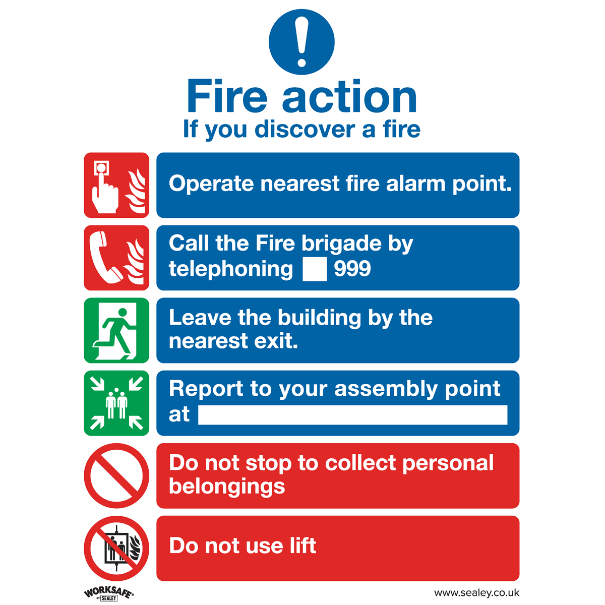 Safe Conditions Safety Sign - Fire Action With Lift - Self-Adhesive Vinyl - Pack of 10