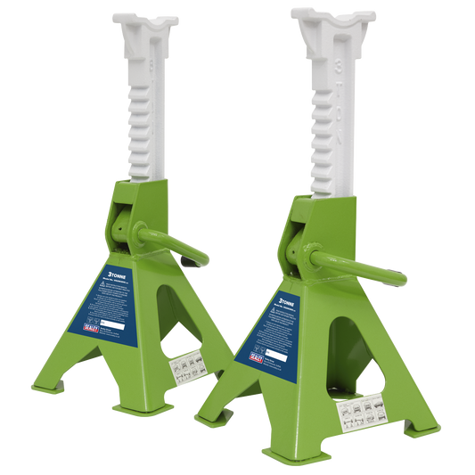 Axle Stands (Pair) 3 Tonne Capacity per Stand Ratchet Type - Hi-Vis Green